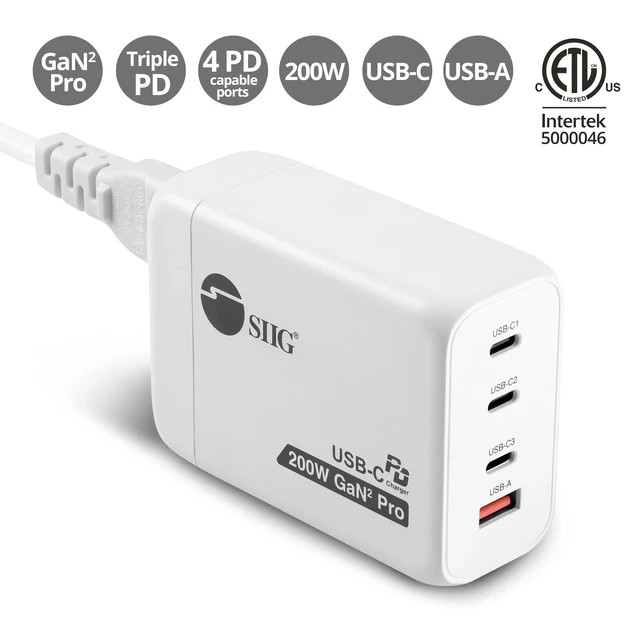 Alt view image 2 of 7 - SIIG 4-Port 200W USB-C PD GaN Charger, AC-PW1V11-S1 | Charge 4 devices with 200W total output; GaN design and USB-C PD support centralized charging for laptops, tablets and.