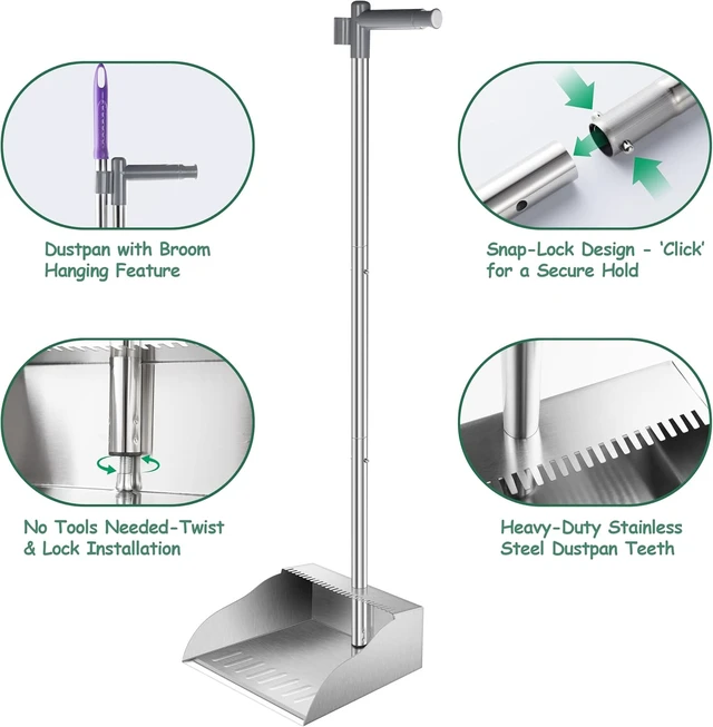 Alt view image 2 of 7 - Dust Pans with Long Handle,Heavy Duty Metal Dust Pan with Dust Pan Teeth
Stand Up Dustpan with 3pcs Adjustable Handle,Stainless Steel Dust Pan with Teeth to Clean Hair for Home,Outdoor,Office,Garden