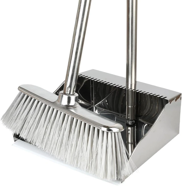 Main image of Metal Dustpan with Broom Set, Long Handle Stainless Steel Dustpan,Heavy Duty Standing Dust Pan with Teeth, Indoor Outdoor Up for Home Kitchen Lobby Room Office