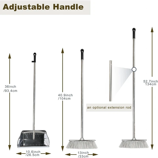Alt view image 2 of 7 - Metal Dustpan with Broom Set, Long Handle Stainless Steel Dustpan,Heavy Duty Standing Dust Pan with Teeth, Indoor Outdoor Up for Home Kitchen Lobby Room Office