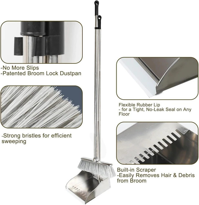Alt view image 3 of 7 - Metal Dustpan with Broom Set, Long Handle Stainless Steel Dustpan,Heavy Duty Standing Dust Pan with Teeth, Indoor Outdoor Up for Home Kitchen Lobby Room Office