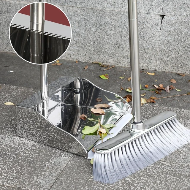 Alt view image 7 of 7 - Metal Dustpan with Broom Set, Long Handle Stainless Steel Dustpan,Heavy Duty Standing Dust Pan with Teeth, Indoor Outdoor Up for Home Kitchen Lobby Room Office