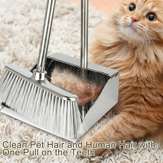 Alt view image 6 of 7 - Metal Dustpan with Broom Set, Long Handle Stainless Steel Dustpan,Heavy Duty Standing Dust Pan with Teeth, Indoor Outdoor Up for Home Kitchen Lobby Room Office