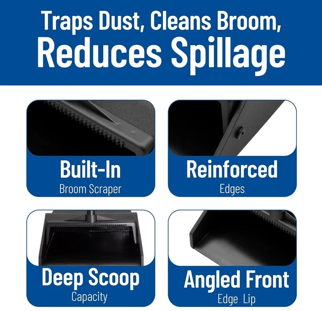 Alt view image 5 of 7 - Carlisle Upright Dust Pan with 30" Two-Piece Handle, Black
Duo-Pan, 12-Inch Wide Pan, Serrated Broom Comb, Pivoting, Hanging Hole
