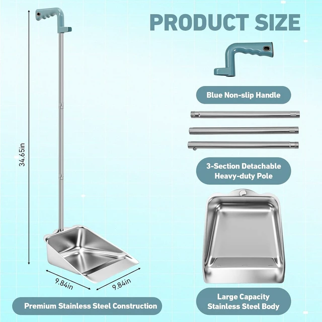 Alt view image 2 of 6 - Leumoi 4 Pack of Dust Pans with Long Handle Set, 35" Stainless Steel Long Handled Stand up Dust Pans with Handle for Home, Office, Restaurant, Indoor and Outdoor Floor Cleaning