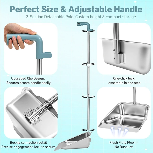 Alt view image 5 of 6 - Leumoi 4 Pack of Dust Pans with Long Handle Set, 35" Stainless Steel Long Handled Stand up Dust Pans with Handle for Home, Office, Restaurant, Indoor and Outdoor Floor Cleaning