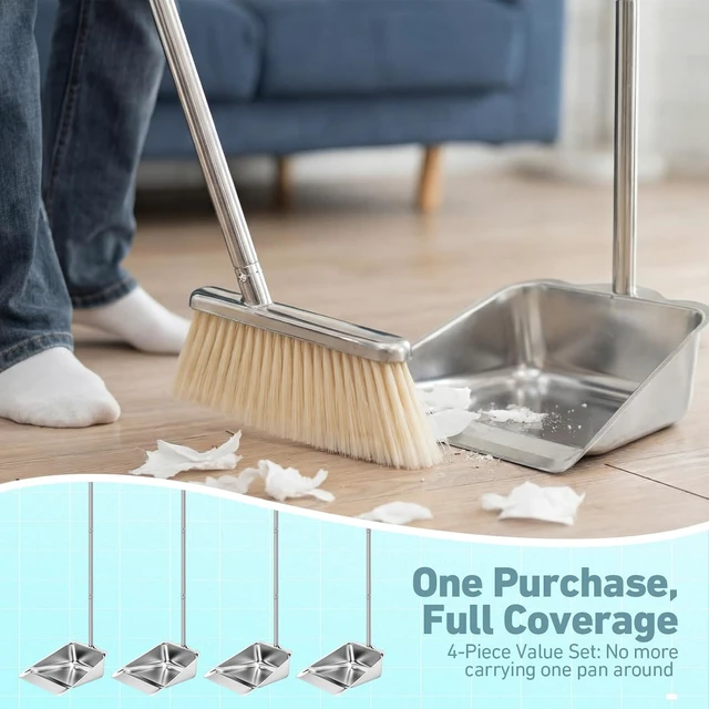 Alt view image 3 of 6 - Leumoi 4 Pack of Dust Pans with Long Handle Set, 35" Stainless Steel Long Handled Stand up Dust Pans with Handle for Home, Office, Restaurant, Indoor and Outdoor Floor Cleaning
