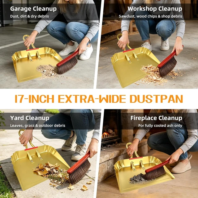 Alt view image 7 of 7 - 17" Extra Large Metal Dust Pan and Brush Set, Stiff Bristle Brush, 1 Pack
17" Wide For Large-Area Cleanup, Flat Front Edge, 4-Row Stiff Bristle Brush, Reinforced Ribbed Sides, U-Shaped Handle