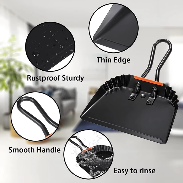 Alt view image 3 of 6 - 2 Pcs Black Metal Dustpan, 12 Inch Heavy Duty Steel Dust Pan with Handle Handheld Dustpan Wide Scooper for Indoor, Outdoor, Fireplace, Industrial and Commercial Use