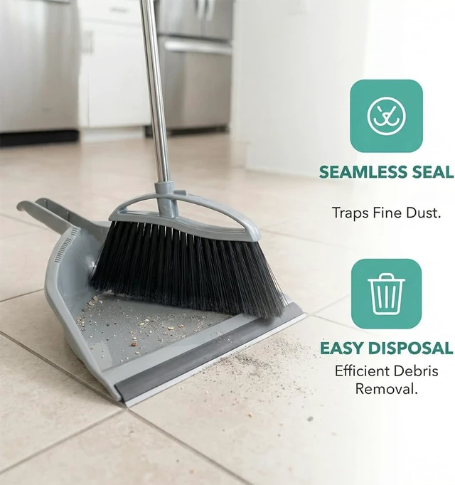 Alt view image 3 of 7 - Soft Bristle Broom and Dustpan Set, Long Handle for Indoor Floor, Hardwood
Angled Broom Reach Corners and Cabinets, Rubber Lip Traps Fine Dust. Perfect for Tile, Office, Kitchen.