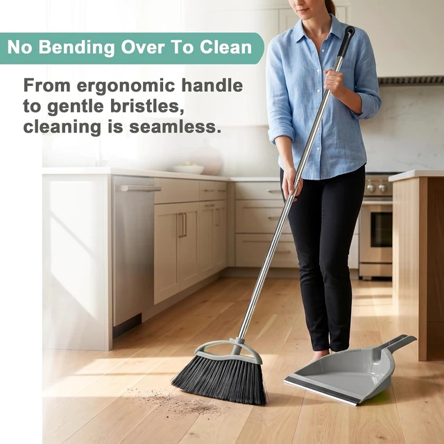 Alt view image 5 of 7 - Soft Bristle Broom and Dustpan Set, Long Handle for Indoor Floor, Hardwood
Angled Broom Reach Corners and Cabinets, Rubber Lip Traps Fine Dust. Perfect for Tile, Office, Kitchen.