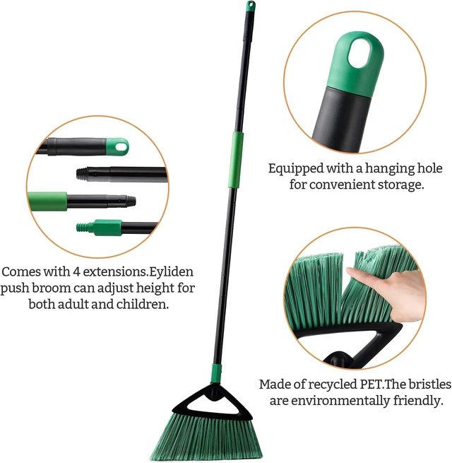 Alt view image 3 of 7 - Eyliden Angle Broom with 57" Long Handle, Outdoor Indoor, Green
Heavy-Duty Cleaning, Also Works Well Fine Dust - PET Bristles, Commercial Sweeper for Courtyard Sidewalk Deck Kitchen Lobby
