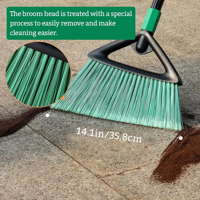 Alt view image 6 of 7 - Eyliden Angle Broom with 57" Long Handle, Outdoor Indoor, Green
Heavy-Duty Cleaning, Also Works Well Fine Dust - PET Bristles, Commercial Sweeper for Courtyard Sidewalk Deck Kitchen Lobby