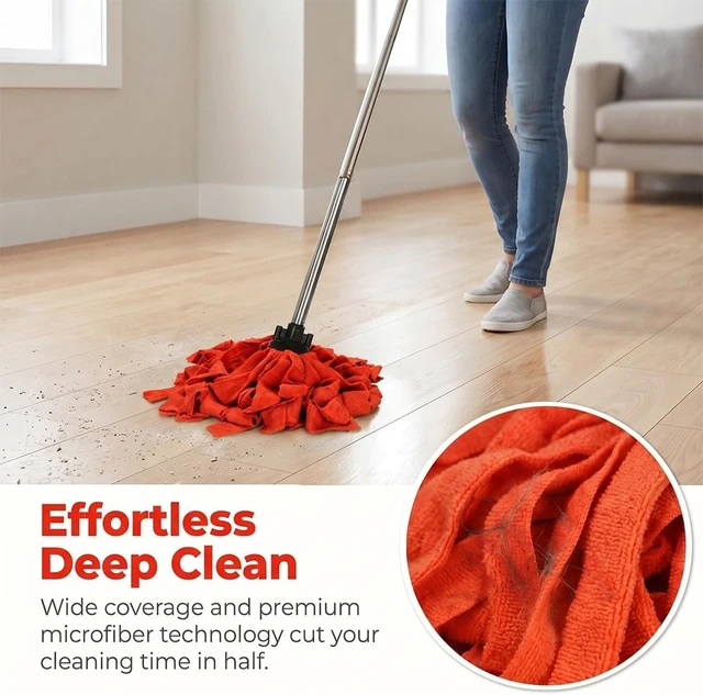 Alt view image 2 of 7 - Microfiber Cloth Mop for Floor Cleaning with 2Pcs Replacement Head,Long Handle String Wet Floor Mop for Home,Hardwood,Laminate,Tile,Marble (Red)