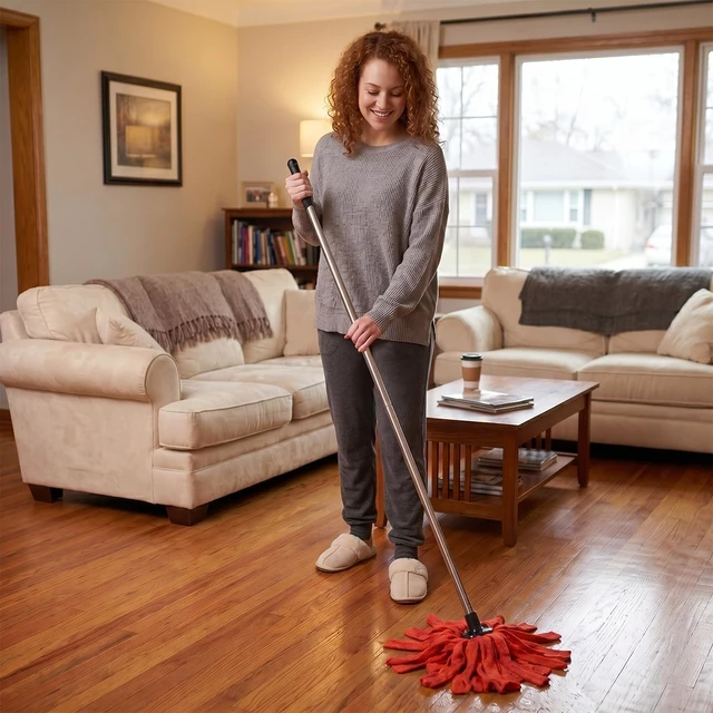 Alt view image 4 of 7 - Microfiber Cloth Mop for Floor Cleaning with 2Pcs Replacement Head,Long Handle String Wet Floor Mop for Home,Hardwood,Laminate,Tile,Marble (Red)