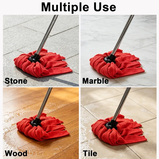 Alt view image 5 of 7 - Microfiber Cloth Mop for Floor Cleaning with 2Pcs Replacement Head,Long Handle String Wet Floor Mop for Home,Hardwood,Laminate,Tile,Marble (Red)