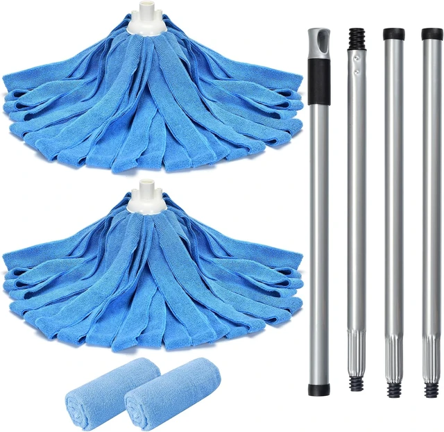 Alt view image 6 of 7 - Matthew Microfiber Mop Compatible with Ceda Refill - Commercial Mop Replacement 54" Stainless Steel Handle with 2 Wet Mop Heads w/1 Handle Incl. 2 Pcs Blue Microfiber Cloth