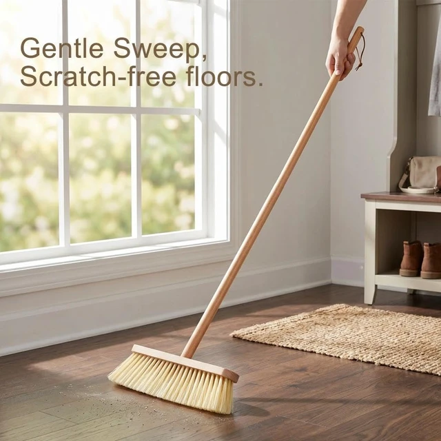 Alt view image 2 of 7 - Wood Handle Household Broom - Heavy Duty PET Bristles for Pet Hair & Dust