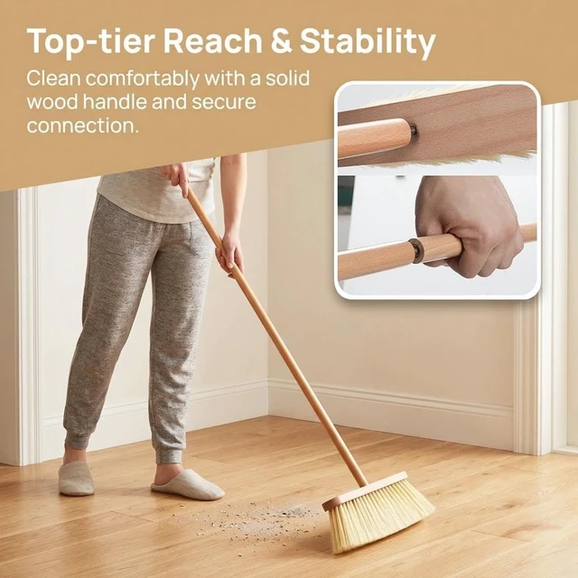Alt view image 4 of 7 - Wood Handle Household Broom - Heavy Duty PET Bristles for Pet Hair & Dust