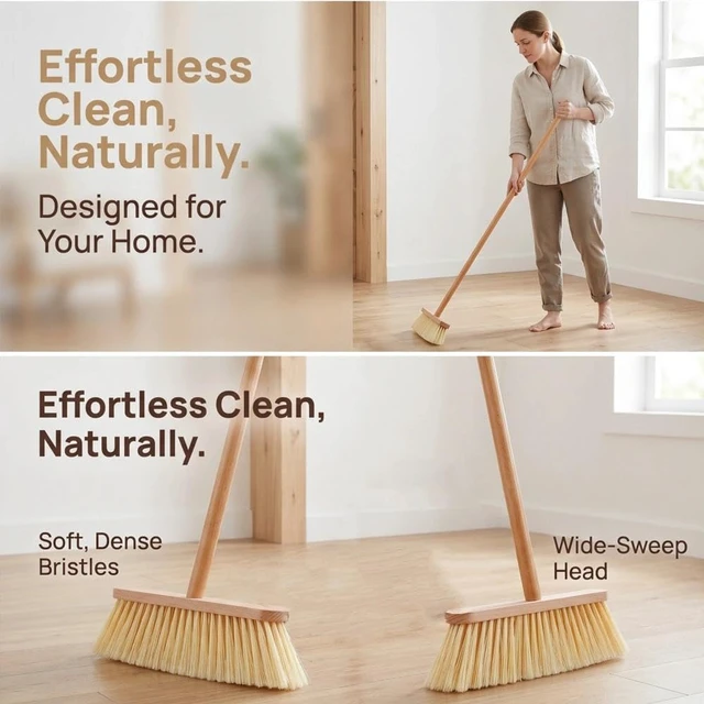 Alt view image 3 of 7 - Wood Handle Household Broom - Heavy Duty PET Bristles for Pet Hair & Dust