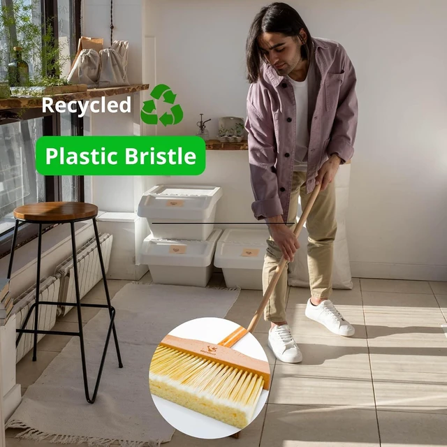 Alt view image 4 of 7 - Long Broom, Eco Friendly Broom with Recycled Plastic Bristles Sustainable Wooden Push Broom for Indoor Use Ergonomic Design Zero Waste & Cleaning Ideal for Hardwood Tile - 50 Inches