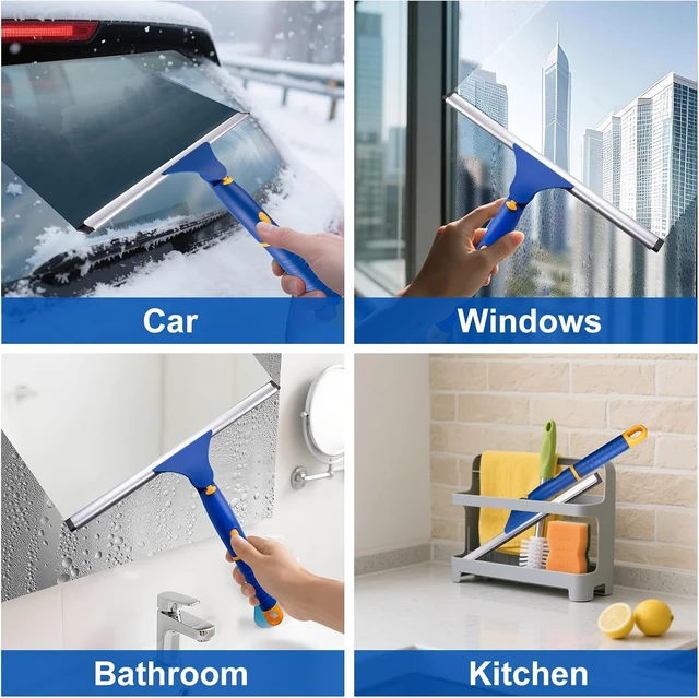 Alt view image 6 of 7 - Swivel Shower Squeegee for Glass Doors, All-Purpose Anti-Slip Window Squeegee with 2 Blades, Window Cleaner Tool Bathroom Squeegee for Shower Doors, Tile Shower Walls,Mirrors,Car Windshields