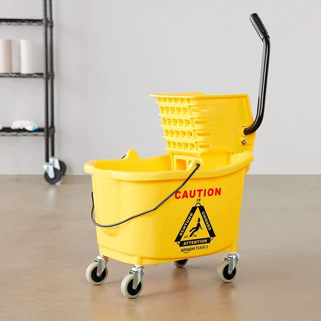 Alt view image 3 of 7 - Basics Commercial Side Press Wringer Floor Cleaning Mop Bucket on Wheels, 35-Quart, Yellow