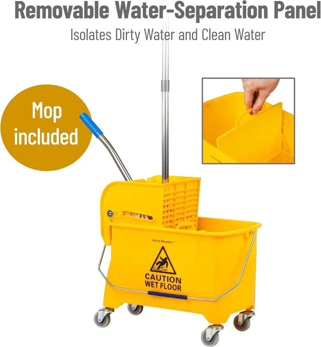 Alt view image 2 of 7 - Mind Reader Mop and Bucket Set with Wringer, Mop Included, 5.5 Gallon Cleaning System with Wheels, Upward Press Wringer, Small Mop Compatible