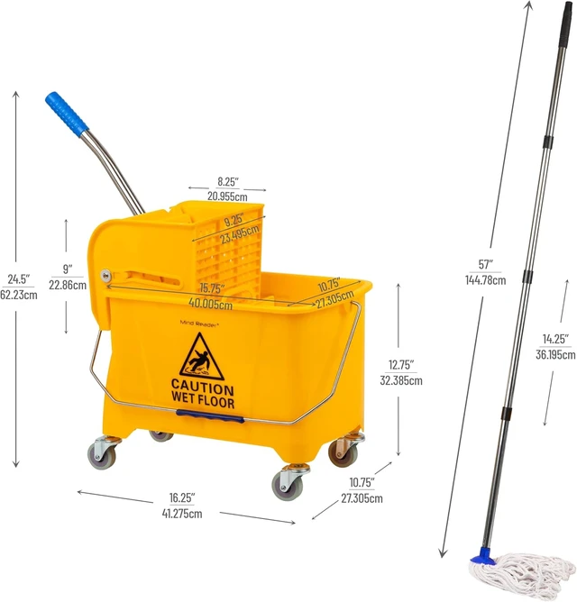 Alt view image 4 of 7 - Mind Reader Mop and Bucket Set with Wringer, Mop Included, 5.5 Gallon Cleaning System with Wheels, Upward Press Wringer, Small Mop Compatible