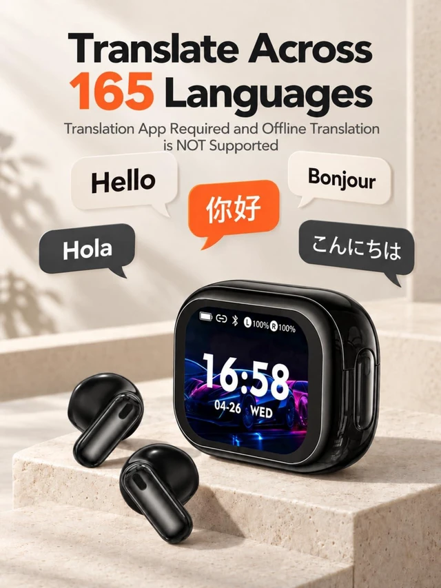 Alt view image 2 of 7 - NE68 AI Translation Earbuds 165 Languages Translator with LCD Touch Screen | Bluetooth 6.0, Semi In-Ear Noise Cancelling Mic, 40H Playback, Audifonos Traductores Inglés Español