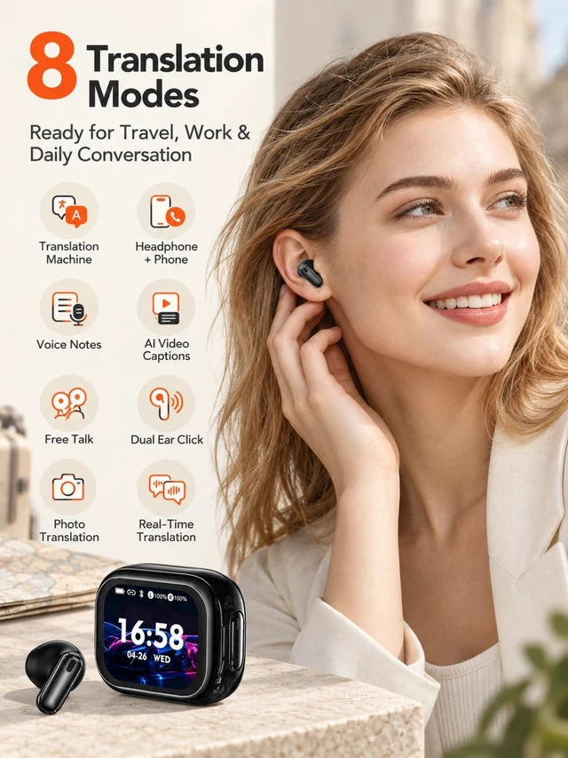 Alt view image 4 of 7 - NE68 AI Translation Earbuds 165 Languages Translator with LCD Touch Screen | Bluetooth 6.0, Semi In-Ear Noise Cancelling Mic, 40H Playback, Audifonos Traductores Inglés Español