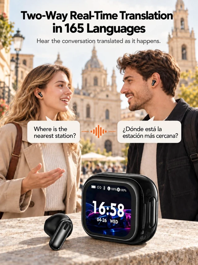 Alt view image 3 of 7 - NE68 AI Translation Earbuds 165 Languages Translator with LCD Touch Screen | Bluetooth 6.0, Semi In-Ear Noise Cancelling Mic, 40H Playback, Audifonos Traductores Inglés Español