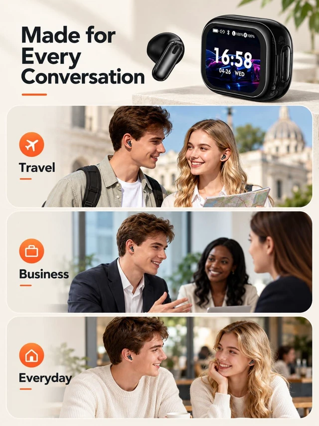 Alt view image 7 of 7 - NE68 AI Translation Earbuds 165 Languages Translator with LCD Touch Screen | Bluetooth 6.0, Semi In-Ear Noise Cancelling Mic, 40H Playback, Audifonos Traductores Inglés Español