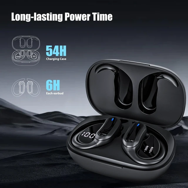 Alt view image 3 of 6 - Wireless Headphones, True Wireless Stereo Sound Earbuds with LED Power Display, IPX7 Waterproof Open Ear Buds with Earhook for Gym, Jogging, Commuting (Black)