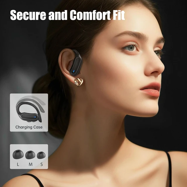 Alt view image 4 of 6 - Wireless Headphones, True Wireless Stereo Sound Earbuds with LED Power Display, IPX7 Waterproof Open Ear Buds with Earhook for Gym, Jogging, Commuting (Black)