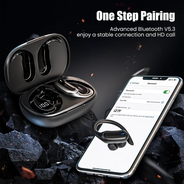 Alt view image 5 of 6 - Wireless Headphones, True Wireless Stereo Sound Earbuds with LED Power Display, IPX7 Waterproof Open Ear Buds with Earhook for Gym, Jogging, Commuting (Black)