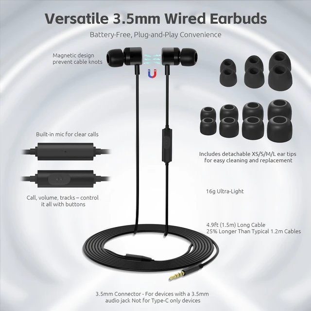 Alt view image 2 of 7 - EP06 Wired Earbuds in-Ear Earphones,Build-in Microphone Headphones | HD Bass Audio,4.9 ft Long Cord Noise Isolating Ear Buds,3.5mm Jack,with 8 Ear Tips,for Smartphones/Laptop/Computer Etc-Black