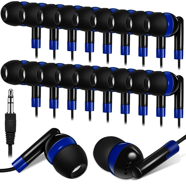 Main image of 100 Pack Wired Earbuds Bulk for Classroom, No Mic 3.5mm, Dark Blue | Individually Bagged, Universal for Laptop Tablet, Budget Student Headphones for School Library Testing, Kids