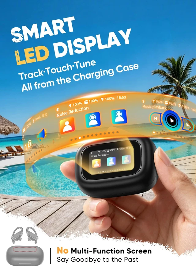 Alt view image 2 of 7 - Wireless Earbuds, Smart Touchscreen Ear Buds, ENC Clear Calls Bluetooth 5.4 | Sport Headphones with IP7 Waterproof, Bass Stereo Sound, 5 EQ Modes for Sports/Travel/Gym, PRO-TUNED 12MM DRIVERS