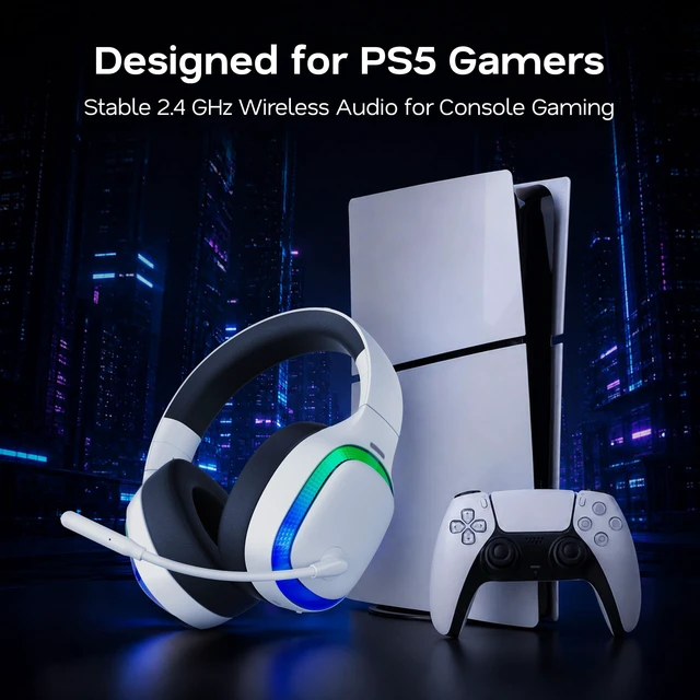 Alt view image 2 of 7 - Wireless Gaming Headset for PS5/PS4, PC, Switch, 70H Battery, White | Foldable Lay Flat, 3D Surround Sound, 70H Battery, Bluetooth 5.4 Gaming Headphones with Noise Canceling Mic, Accent Lighting