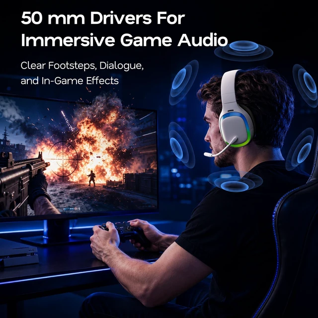 Alt view image 7 of 7 - Wireless Gaming Headset for PS5/PS4, PC, Switch, 70H Battery, White | Foldable Lay Flat, 3D Surround Sound, 70H Battery, Bluetooth 5.4 Gaming Headphones with Noise Canceling Mic, Accent Lighting