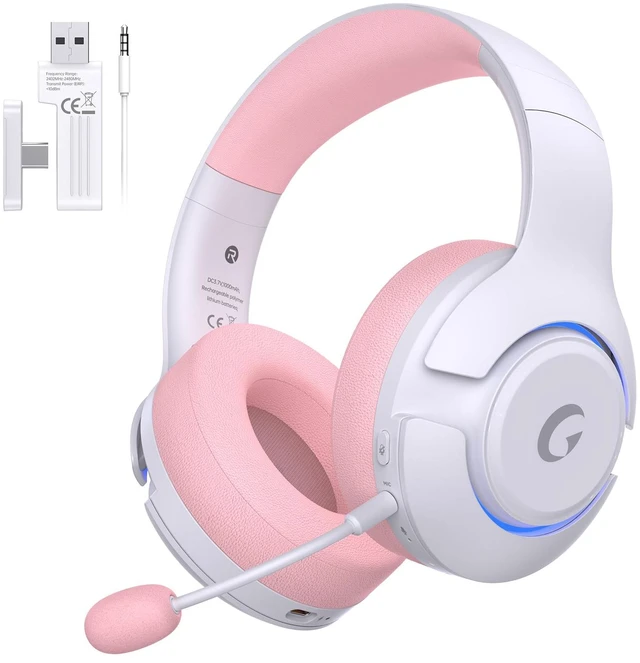 Main image of Wireless PS5 Headset, 2.4GHz Gaming Headset for PS5, PC, Switch, Bluetooth 5.3 Headphones with Noise Canceling Mic, 7.1 Surround Sound, Low-Latency, 45H Battery, Pink