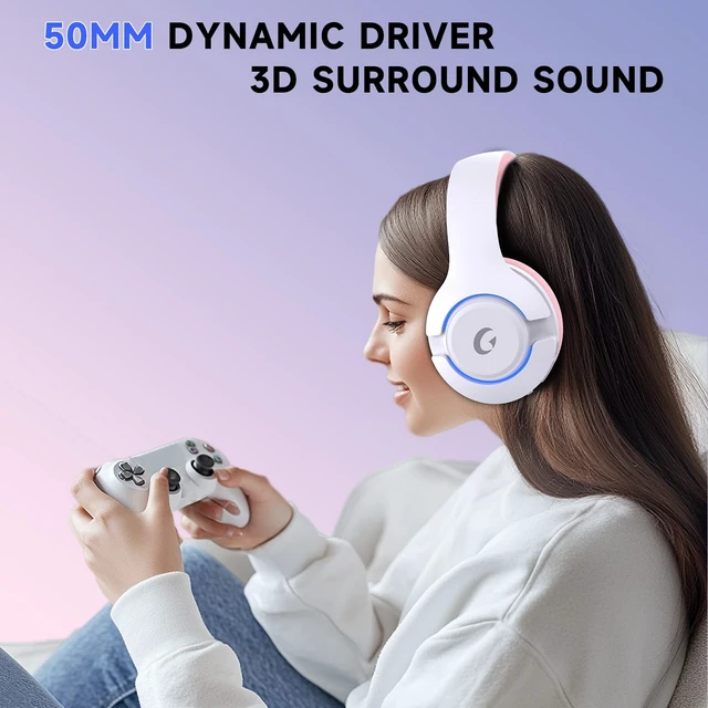 Alt view image 5 of 7 - Wireless PS5 Headset, 2.4GHz Gaming Headset for PS5, PC, Switch, Bluetooth 5.3 Headphones with Noise Canceling Mic, 7.1 Surround Sound, Low-Latency, 45H Battery, Pink