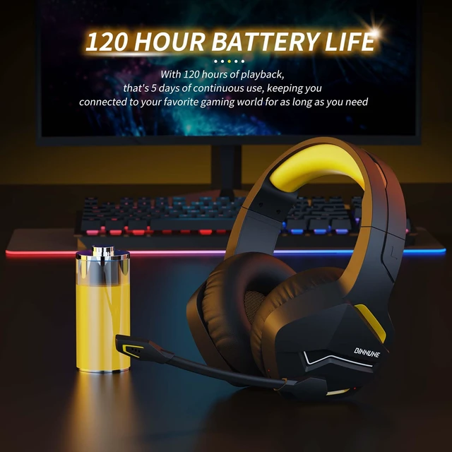 Alt view image 2 of 6 - 2.4GHz Wireless Gaming Headset, Bluetooth 5.3 Gaming Headphones with Noise Canceling Mic, 120H Ultra-Long Battery, 50mm Drivers, Multi-Platform for PC / PS5 /PS4/ Switch/Mobile, Yellow