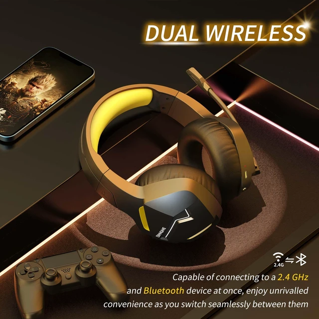 Alt view image 6 of 6 - 2.4GHz Wireless Gaming Headset, Bluetooth 5.3 Gaming Headphones with Noise Canceling Mic, 120H Ultra-Long Battery, 50mm Drivers, Multi-Platform for PC / PS5 /PS4/ Switch/Mobile, Yellow