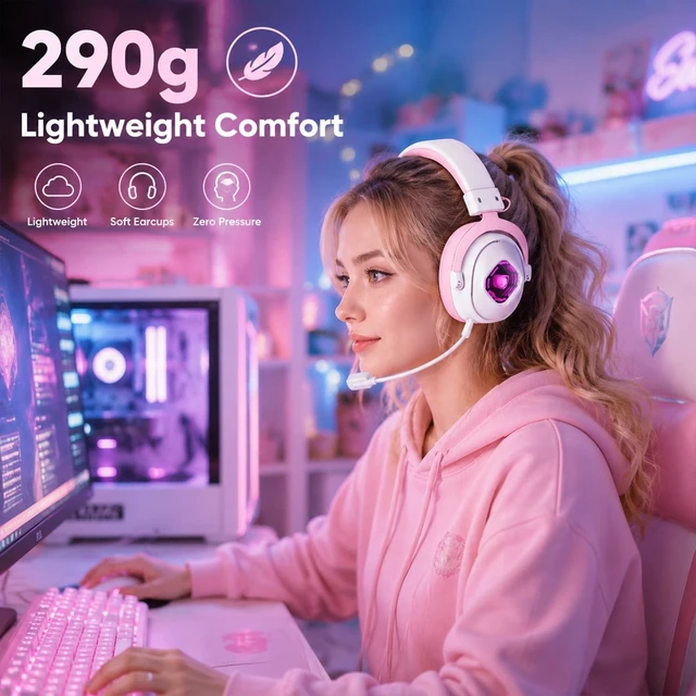 Alt view image 2 of 7 - SADES Wireless Gaming Headset 7.1 Surround 90H Pink for PS5 PC Switch | 27ms Low Latency, Dual 2.4GHz Dongles, 290g Lightweight, Detachable AI ENC Mic, RGB Infinity Mirror, for Xbox/PS4/Phone