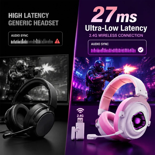 Alt view image 4 of 7 - SADES Wireless Gaming Headset 7.1 Surround 90H Pink for PS5 PC Switch | 27ms Low Latency, Dual 2.4GHz Dongles, 290g Lightweight, Detachable AI ENC Mic, RGB Infinity Mirror, for Xbox/PS4/Phone
