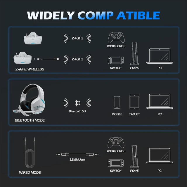 Alt view image 6 of 7 - Wireless Gaming Headset for Xbox Series X/S, Xbox One, PS5, 120H Ultra-Long Battery, Bluetooth 5.3 Gaming Headphones with Noise-Canceling Mic, Comfortable Over-Ear Headphones,White