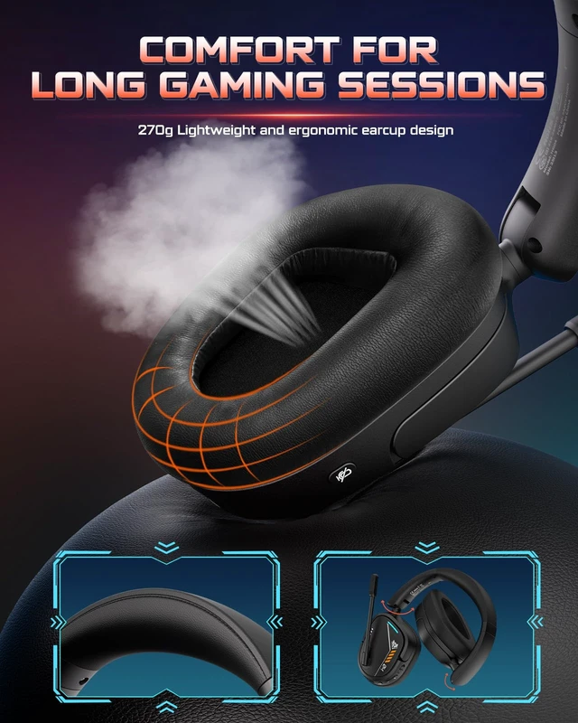 Alt view image 5 of 7 - Wireless Gaming Headset for PS5, PS4, PC, 7.1 Surround Sound, Black | 2.4GHz USB & Type-C, 80Hr Battery, 270g, Foldable, Mic Monitoring, Compatible with Laptop, Mac, ideal for FPS, RPG