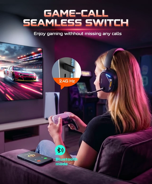 Alt view image 7 of 7 - Wireless Gaming Headset for PS5, PS4, PC, 7.1 Surround Sound, Black | 2.4GHz USB & Type-C, 80Hr Battery, 270g, Foldable, Mic Monitoring, Compatible with Laptop, Mac, ideal for FPS, RPG